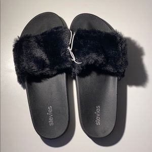 Black fuzzy slides